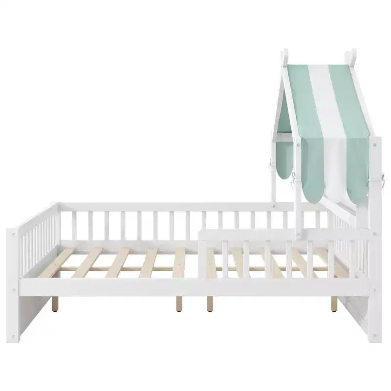 Lit cabane en bois ModernLuxe pour 1 ou 2 personnes avec tête de lit avec rangement, cadre de lit pour enfants en pin massif avec barrières de sécurité