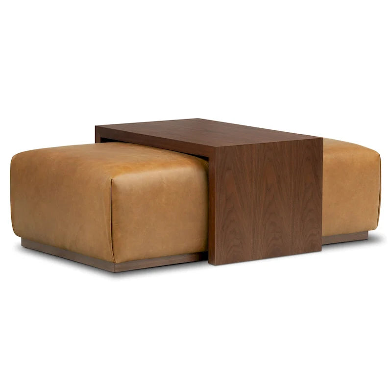 Pouf Poly & Bark Jarmo avec table en noyer réglable – véritable cuir italien pleine fleur