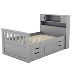 Lit plateforme de capitaine Twin/Full avec 4 tiroirs et étagères de rangement, structure en bois massif avec tête de lit bibliothèque et rangements