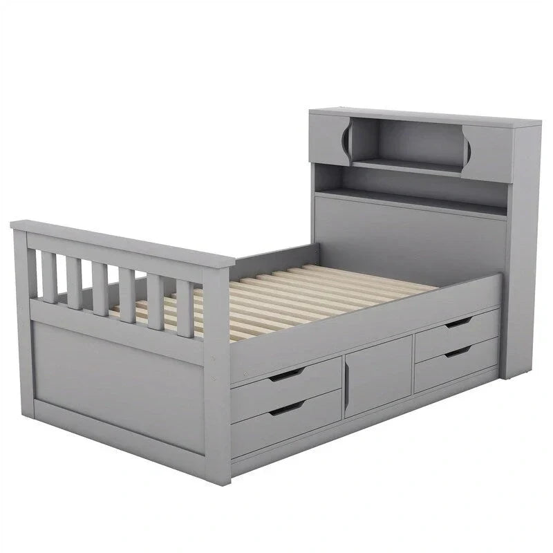 Lit plateforme de capitaine Twin/Full avec 4 tiroirs et étagères de rangement, structure en bois massif avec tête de lit bibliothèque et rangements