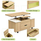 Table basse moderne multifonctionnelle relevable avec rangement dissimulé, 4 tabourets et roulettes, idéale pour les espaces de vie modernes