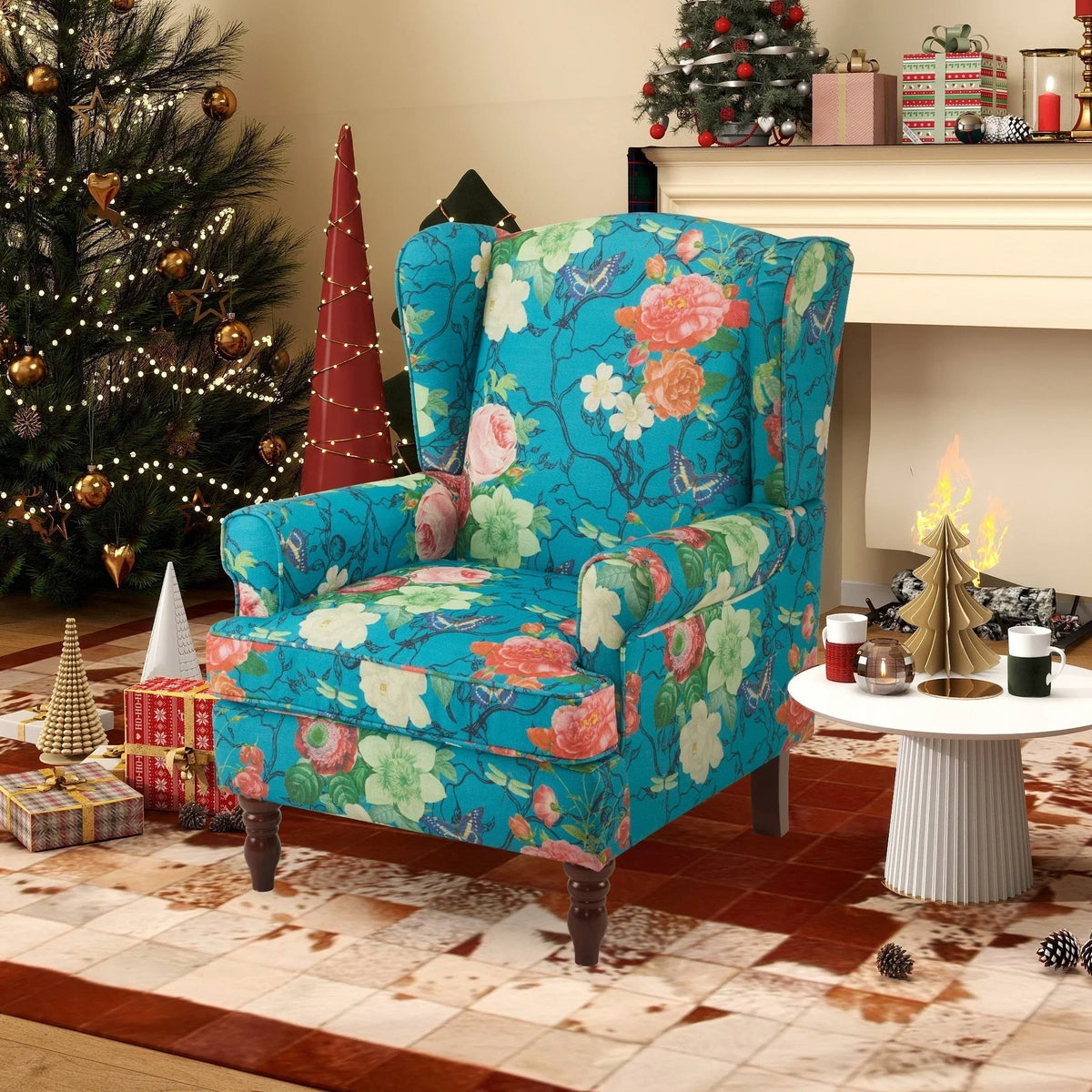 Erommy moderne accentstoel, fauteuil met hoge rugleuning, gestoffeerde stoffen fauteuil met knopen en houten poten voor de woonkamer