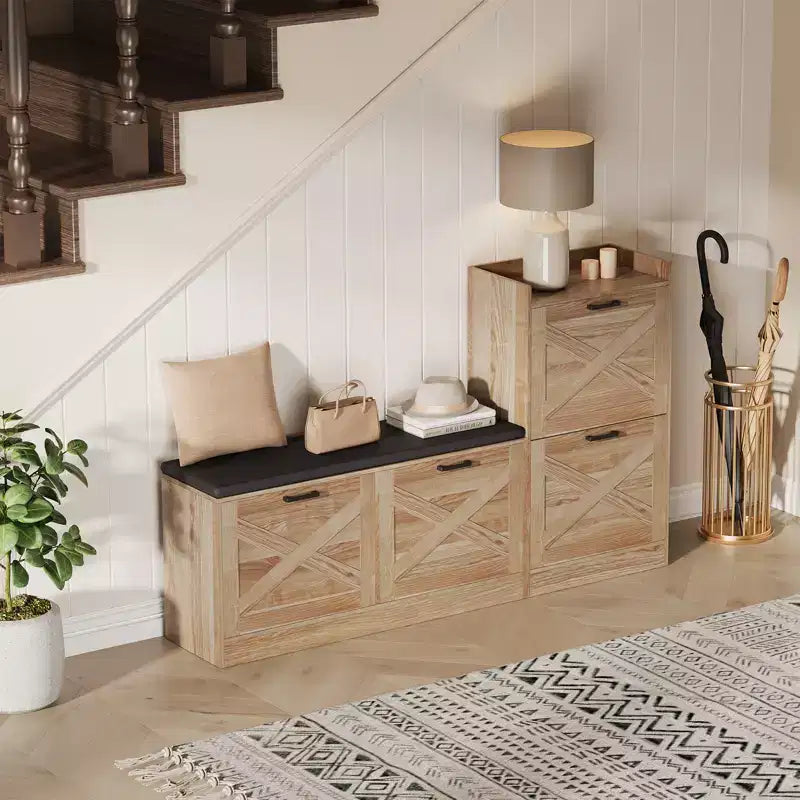 Bank mit 4 aufklappbaren Schubladen und gepolsterter Sitzauflage, schmaler Schuhschrank aus Holz, geeignet als Sitzbank für Eingangsbereich oder Wohnzimmer