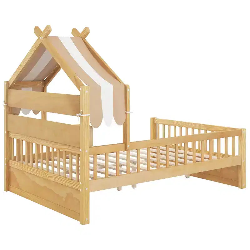 Lit cabane en bois ModernLuxe pour 1 ou 2 personnes avec tête de lit avec rangement, cadre de lit pour enfants en pin massif avec barrières de sécurité