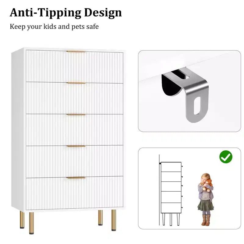 White / Marble & Wood 5-Drawer Dresser ?C Fluted Panel, for 1 Person Use