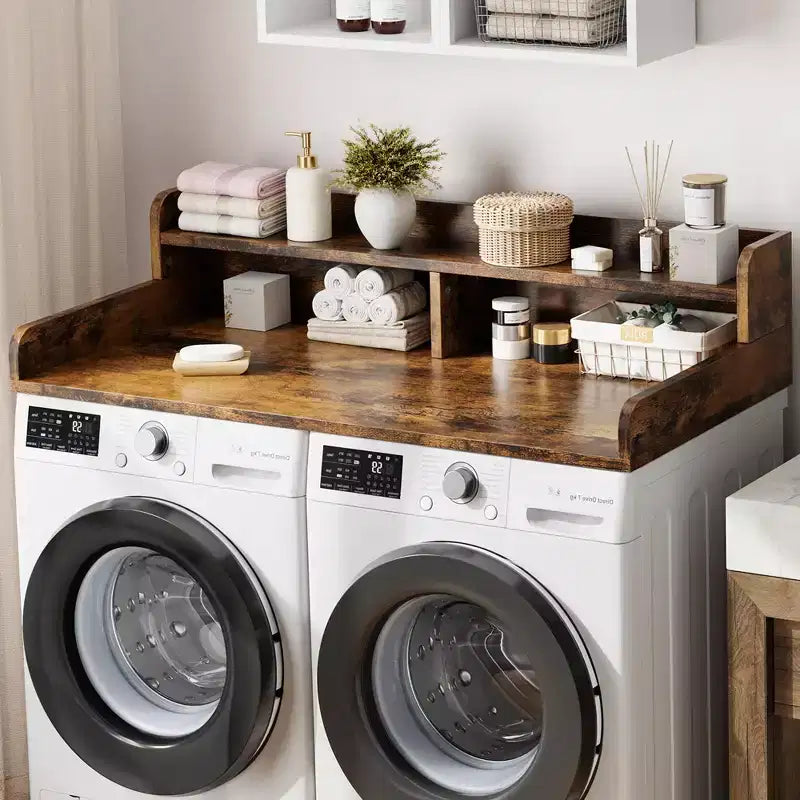 Plan de travail à 2 niveaux pour lave-linge et sèche-linge avec étagère ou tiroirs, couvre-plan de buanderie avec tapis antidérapant, dessus de 54X27.5 pour plier le linge