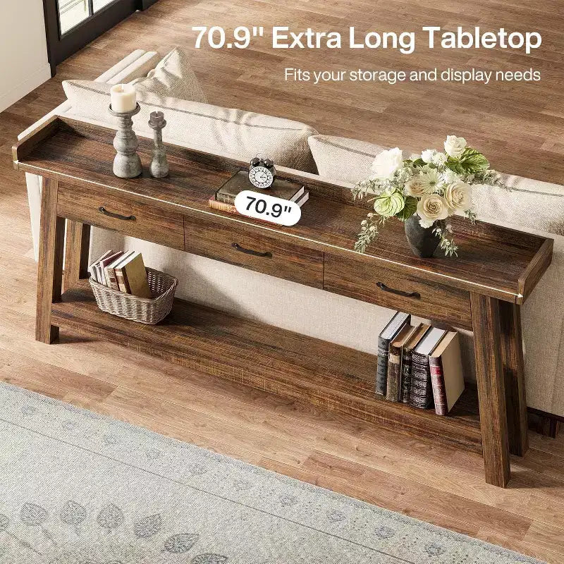 Table console Lantine à 2 niveaux avec 3 tiroirs, console de 70,9 avec rebord surélevé et étagères de rangement pour le salon, le couloir ou l’entrée