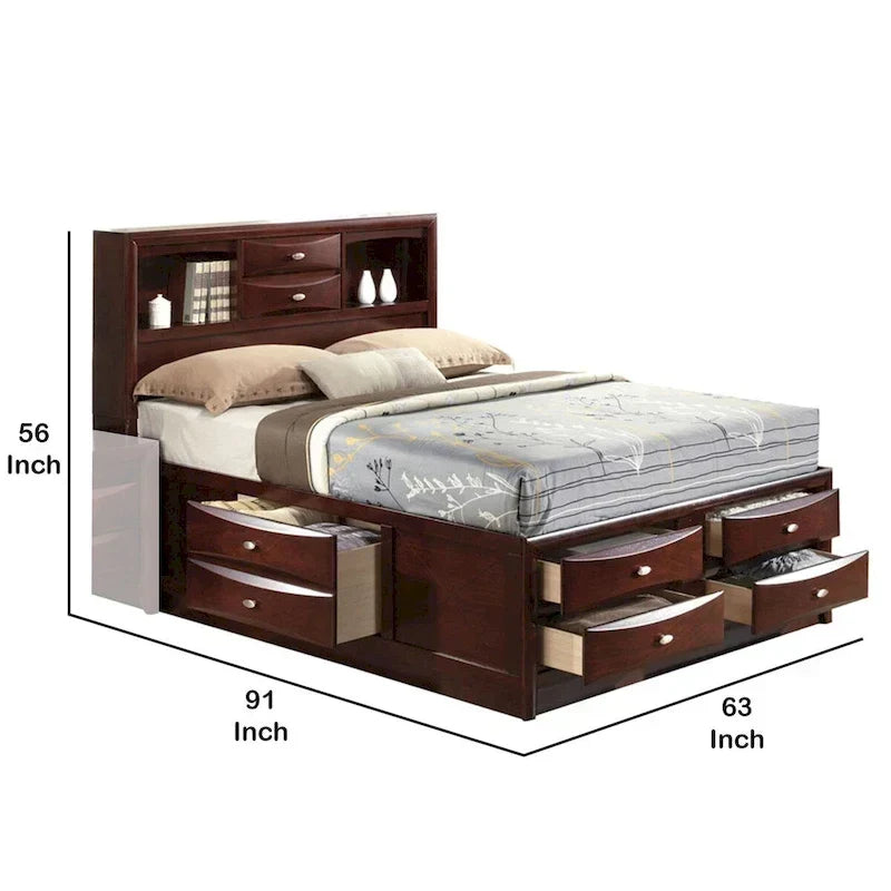 Lit queen size à panneaux avec bibliothèque et tiroirs, marron