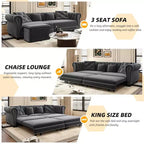 Whisen Samt-Schlafsofa in King-Size mit Ausziehfunktion und 3-in-1-Funktion, wandelbares Schlafsofa mit beweglichem Hocker und Steppdesign