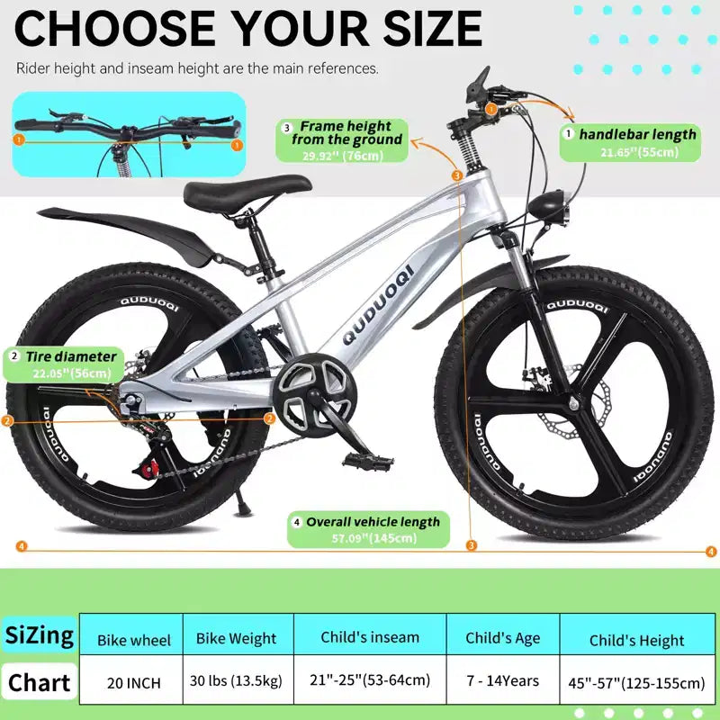 NAYSAYE 20-Zoll-Mountainbike für Kinder mit 7-Gang-Schaltung und Rahmen aus Magnesiumlegierung für Jungen und Mädchen von 8 bis 12 Jahren, 57.09*21.65*29.92