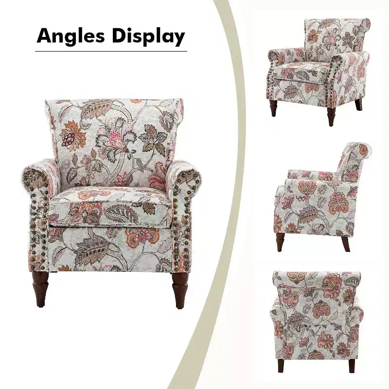 Fauteuil traditionnel Araceli en bois, rembourré à motif floral, avec dossier à oreilles et bordure cloutée| ART OF LIVING DESIGNS