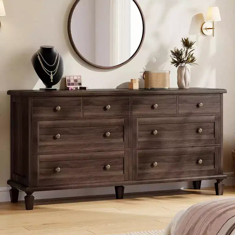 Ladekast met 8 laden voor de slaapkamer, vintage ladekast van 59 inch en tv-meubel met gebeeldhouwde handgrepen en taps toelopende poten, houten ladekast met ruime opbergruimte