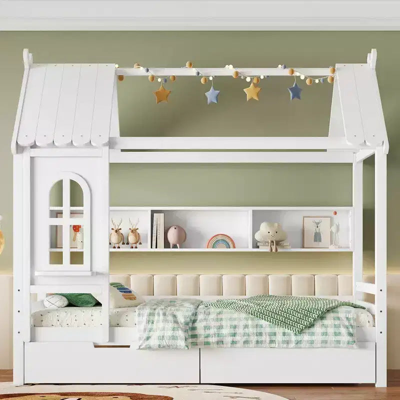 Lit plateforme en forme de maison avec tiroirs de rangement et fenêtre, cadre en bois massif avec étagères, design ludique pour enfant, blanc clair