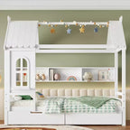 Lit plateforme en forme de maison avec tiroirs de rangement et fenêtre, cadre en bois massif avec étagères, design ludique pour enfant, blanc clair