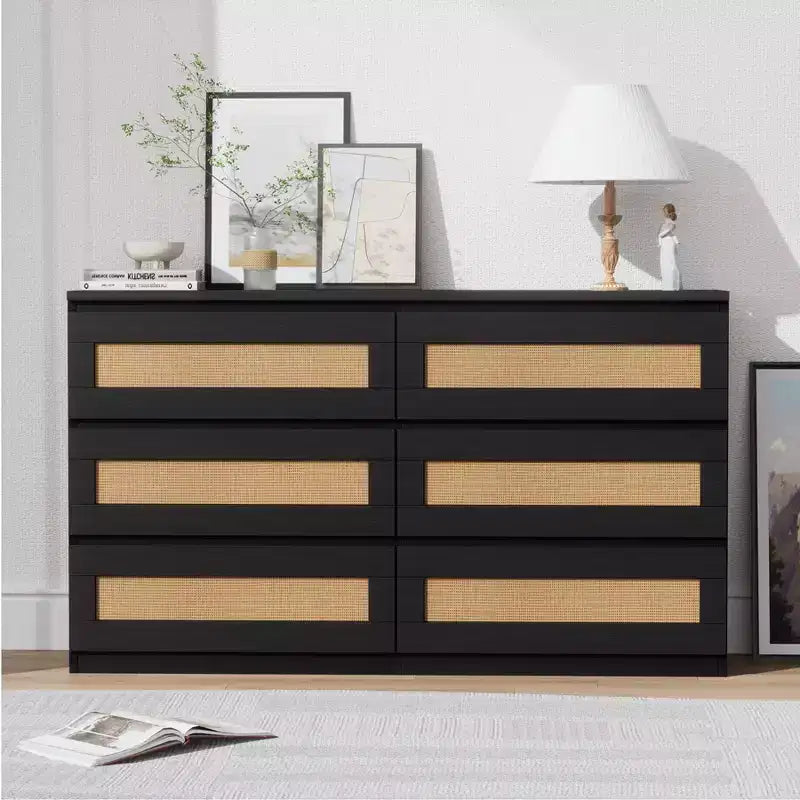 Rattan-Kommode fürs Schlafzimmer mit 6 Schubladen, 119 cm breite moderne Kommode im Landhausstil, Holzschrank mit Stauraum-Organizer für Kleiderschrank, Wohnzimmer und Flur