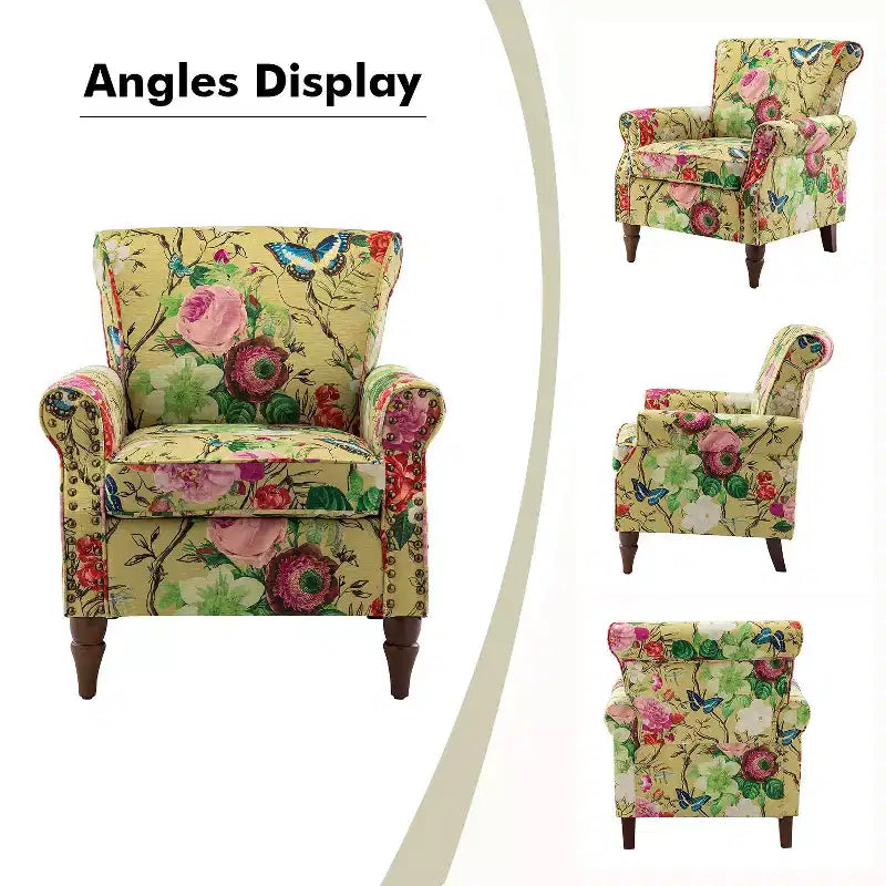 Fauteuil traditionnel Araceli en bois, rembourré à motif floral, avec dossier à oreilles et bordure cloutée| ART OF LIVING DESIGNS