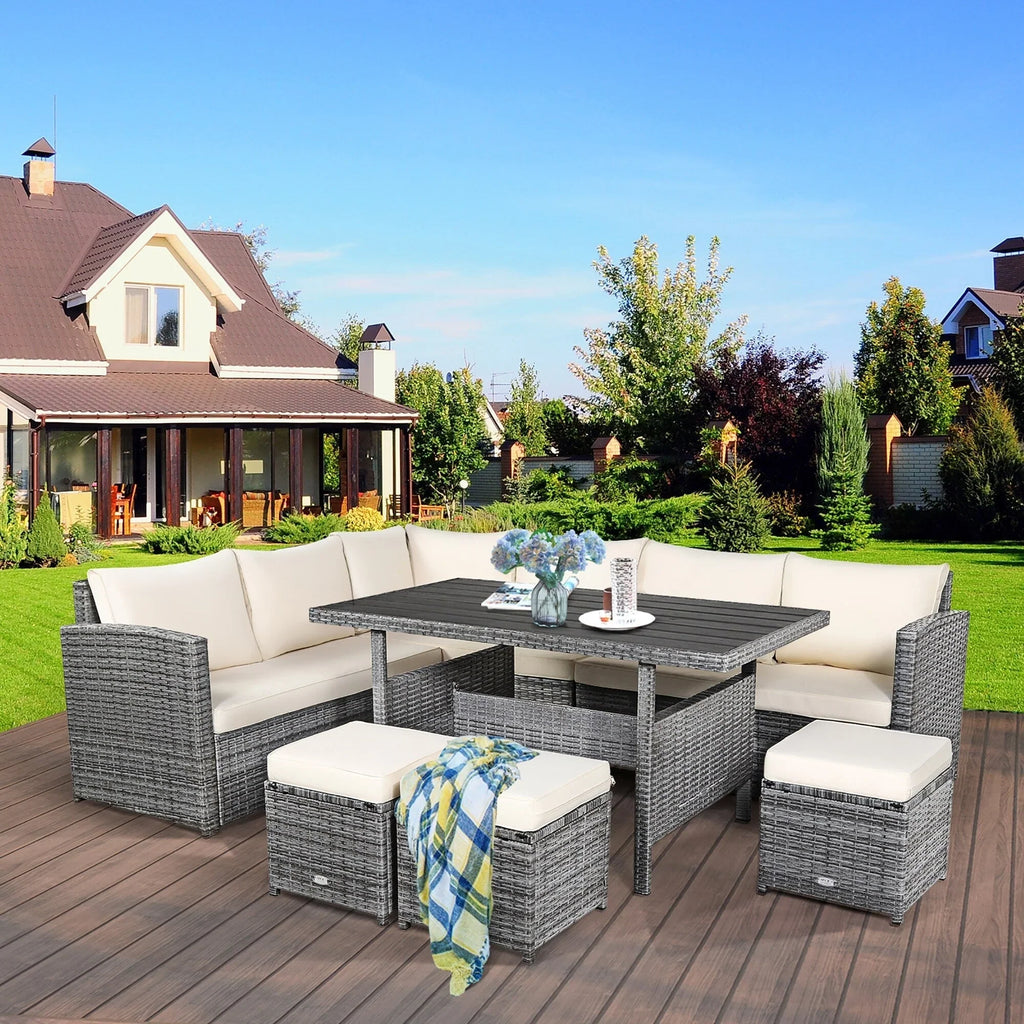 Costway Ensemble repas de jardin en rotin de 7 pièces, canapé d’angle, canapé et pouf — Voir les détails