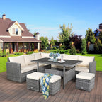 Costway Ensemble repas de jardin en rotin de 7 pièces, canapé d’angle, canapé et pouf — Voir les détails