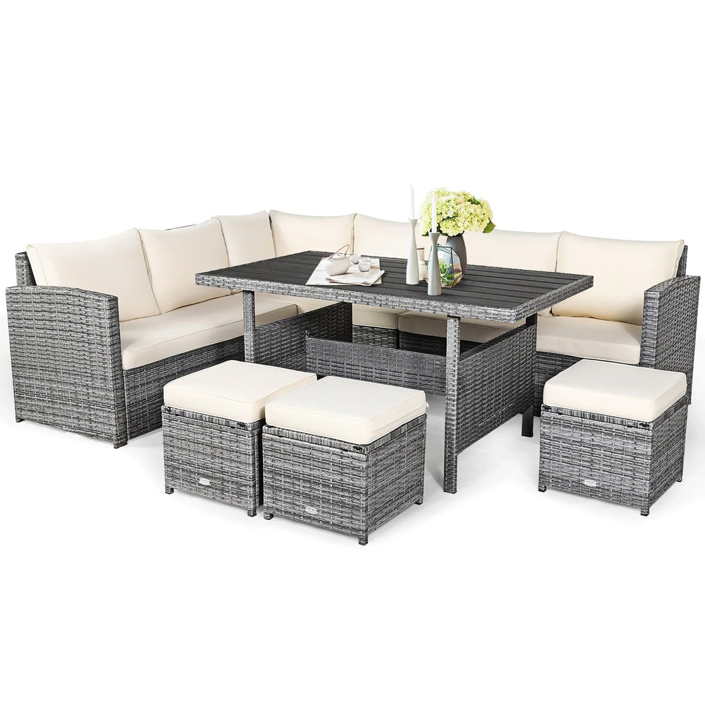Costway Ensemble repas de jardin en rotin de 7 pièces, canapé d’angle, canapé et pouf — Voir les détails