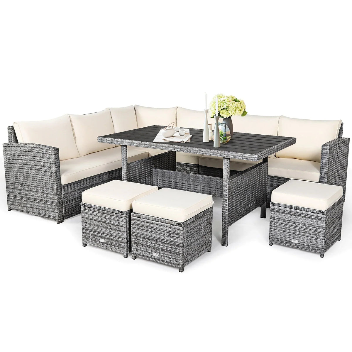 Costway Ensemble repas de jardin en rotin de 7 pièces, canapé d’angle, canapé et pouf — Voir les détails