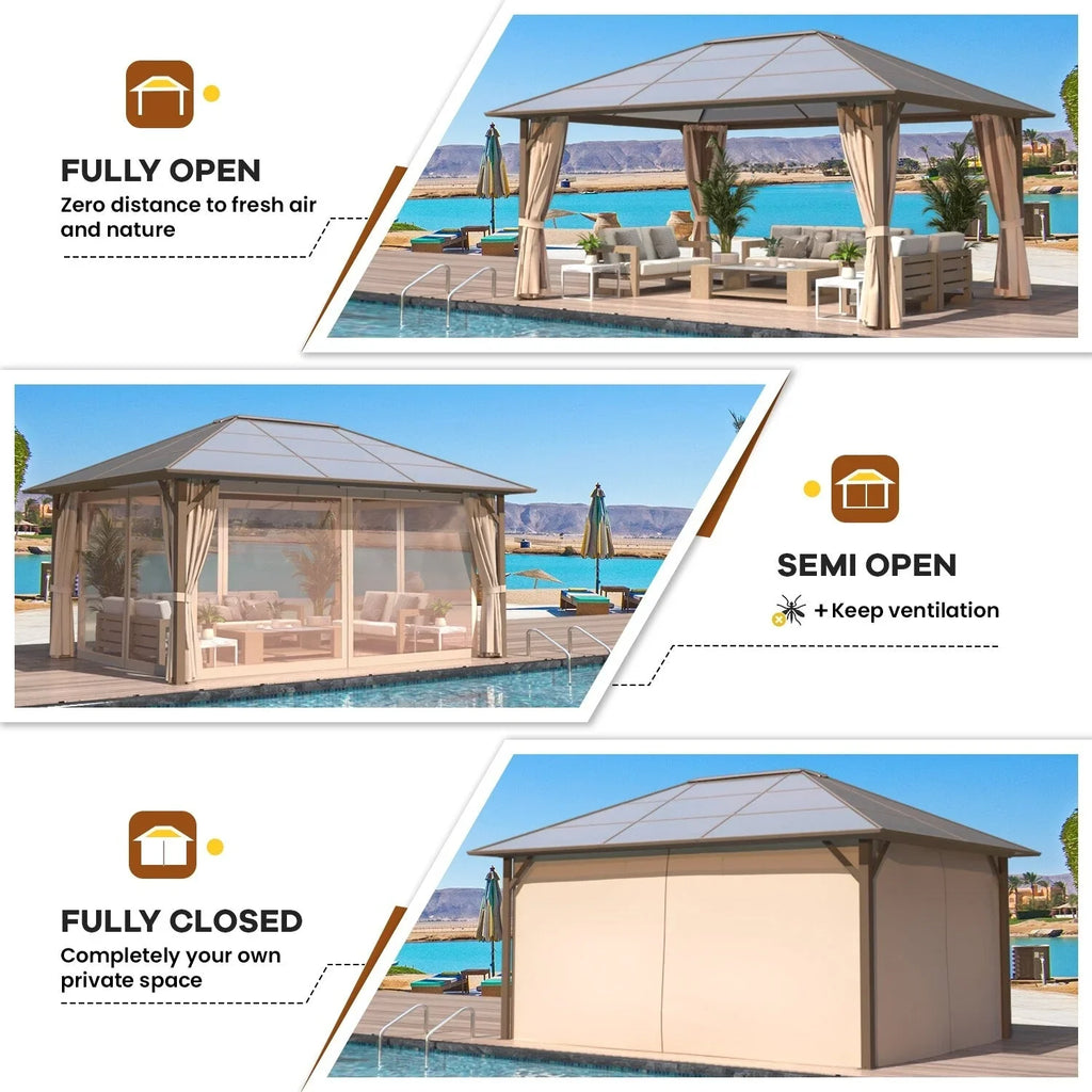 EROMMY Pavillon mit festem Dach, Outdoor-Pergola mit Doppeldach, Netzvorhängen und Vorhängen, robustes Vordach für Terrasse, Garten und Poolpartys