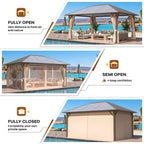 EROMMY Pavillon mit festem Dach, Outdoor-Pergola mit Doppeldach, Netzvorhängen und Vorhängen, robustes Vordach für Terrasse, Garten und Poolpartys