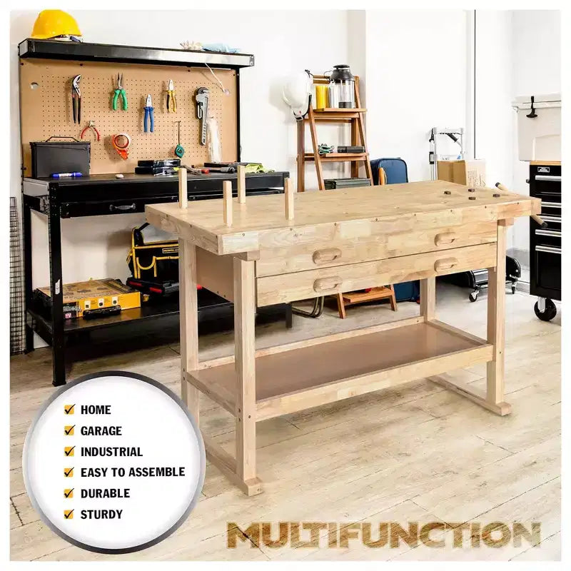 Olympia Tools 60 Zoll Werkbank aus Gummibaumholz mit 4 Schubladen, Tragfähigkeit 450 lb
