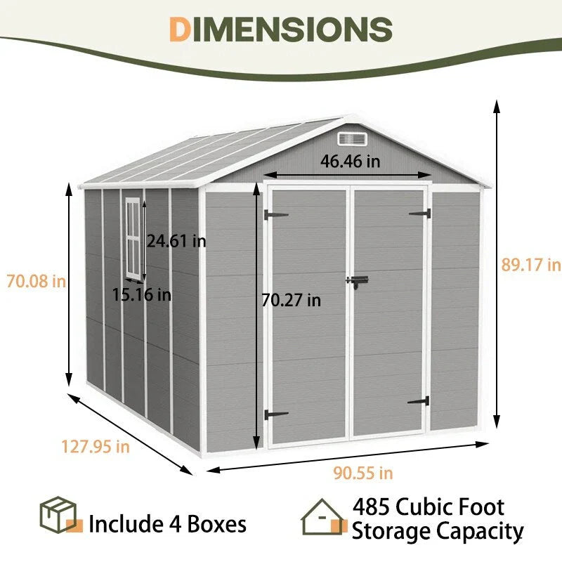 Opslagschuur van 6 ft x 4 ft/6 ft x 8 ft/8 ft x 6 ft/8 ft x 10 ft, weerbestendig kunststofhars voor buiten met vloer, gereedschapsschuur met puntdak