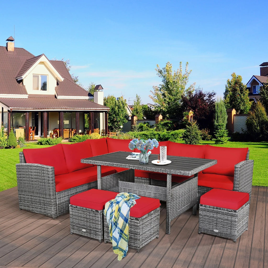 Costway Ensemble repas de jardin en rotin de 7 pièces, canapé d’angle, canapé et pouf — Voir les détails