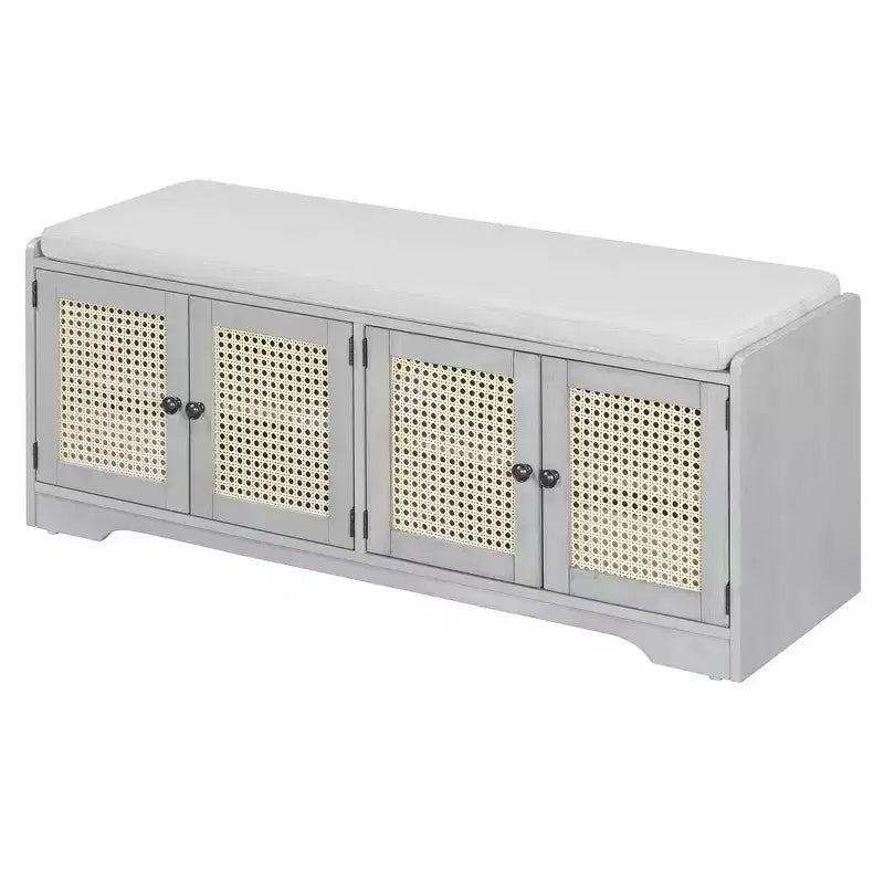 Banc de rangement rustique en bois Whisen, banc à chaussures pour entrée avec coussin amovible et étagères réglables