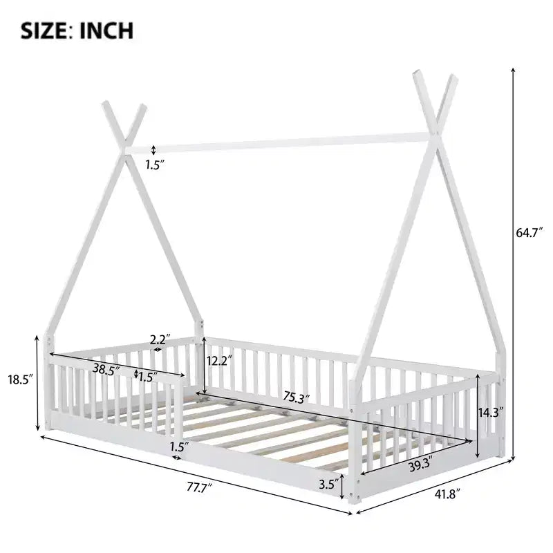 Bodenbett für Kinder, Zeltbett in Einzelgröße, Montessori-Bodenbett mit Lattenrost und Schutzgittern, Holzhaus-Bettrahmen für Jungen und Mädchen