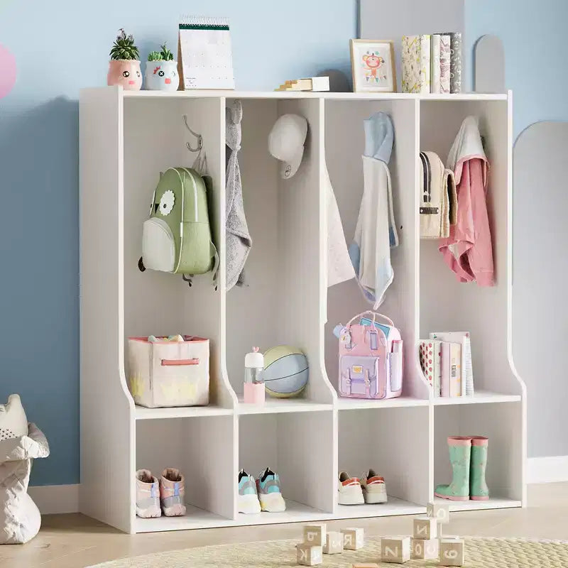 Brown/White 4-Section Cubby Locker with 8 Hooks, for Kids