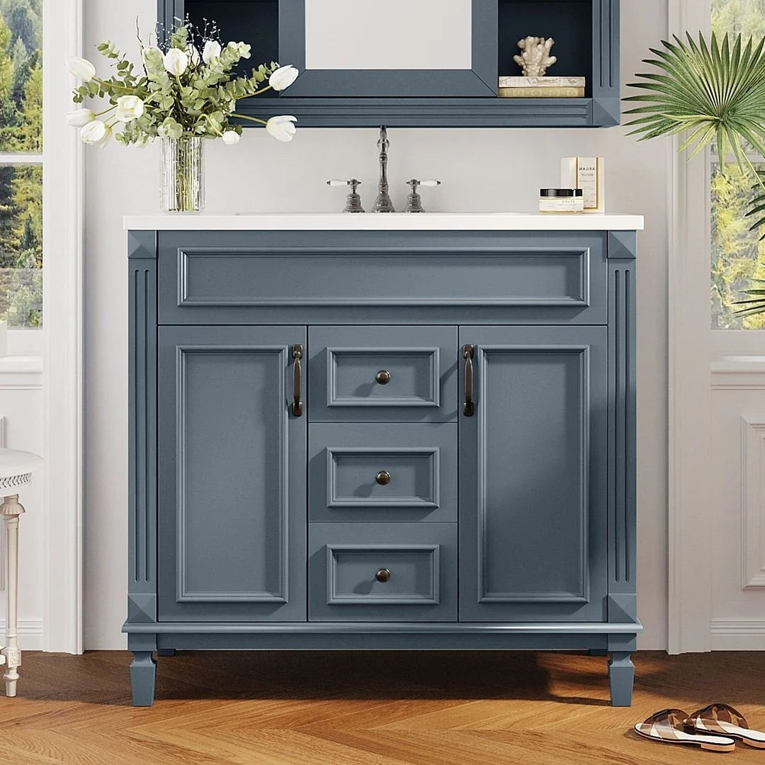 Meuble-lavabo moderne de salle de bains de 36 po avec vasque sur plan, armoire à miroir, 2 portes et 2 tiroirs