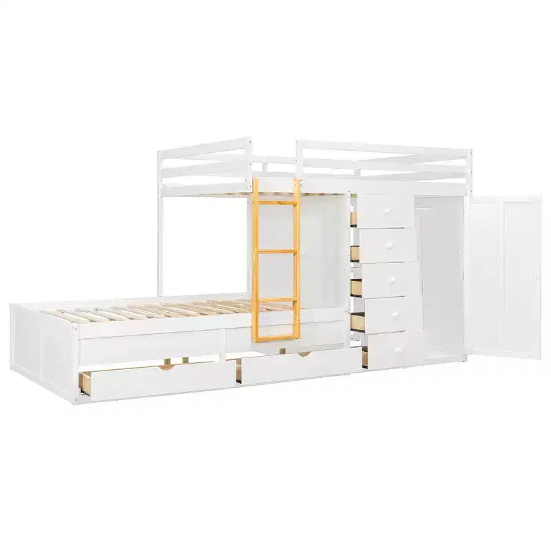 Lit superposé deux places sur deux places avec armoire de rangement et tiroirs, lit superposé en bois deux places gain de place avec barrière de sécurité pour appartement et chambre