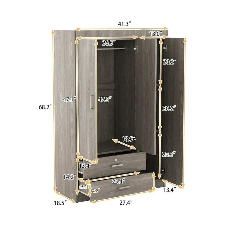 3-Door Wardrobe with 2 Drawers