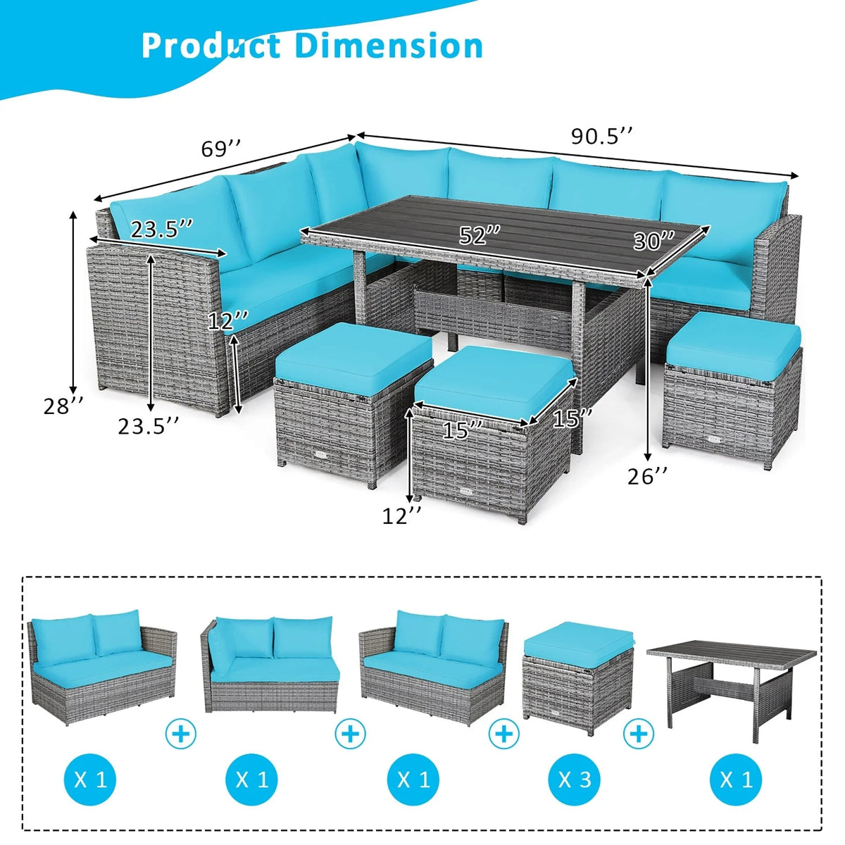 Costway Ensemble repas de jardin en rotin de 7 pièces, canapé d’angle, canapé et pouf — Voir les détails