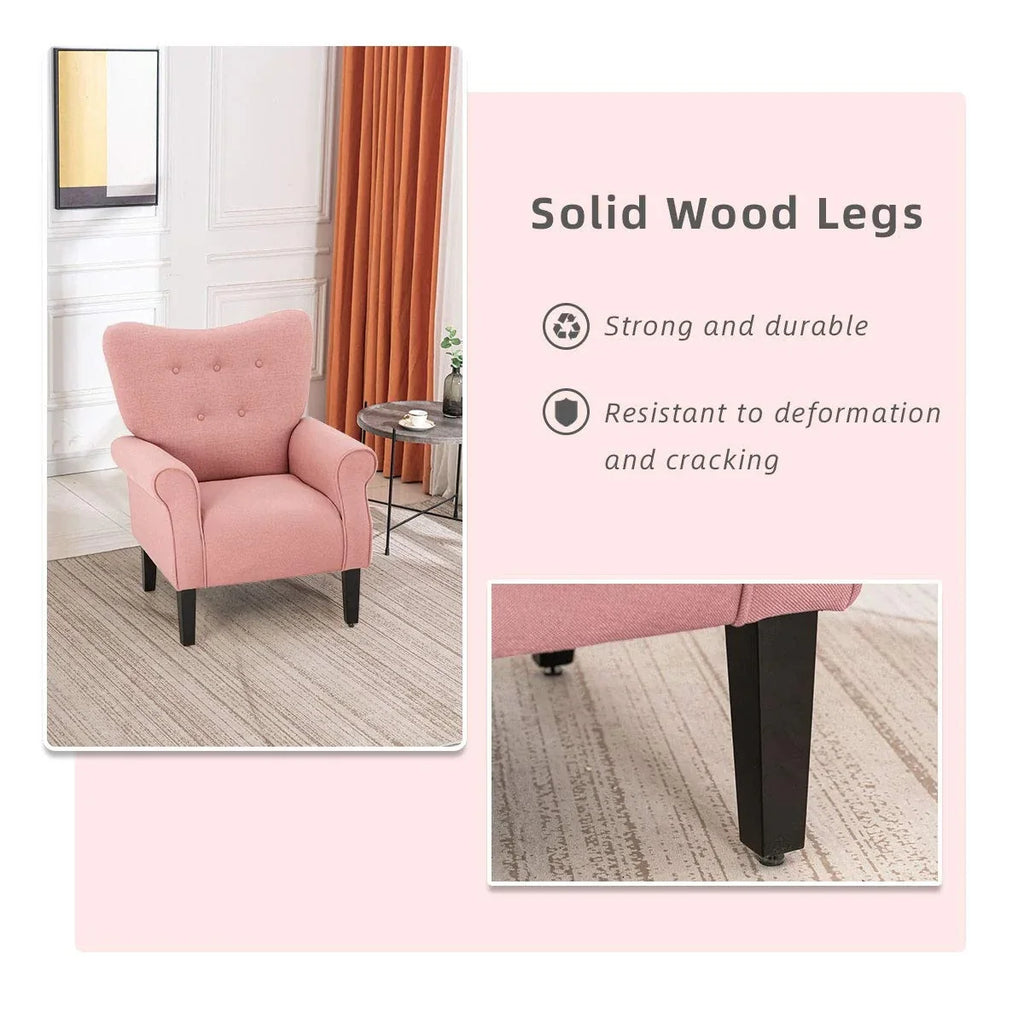 Erommy moderne accentstoel, fauteuil met hoge rugleuning, gestoffeerde stoffen fauteuil met knopen en houten poten voor de woonkamer