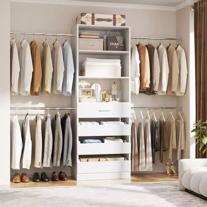Besiost Holz-Kleiderschrank-Organizersystem für 1,2–2,7 m mit 4 Schubladen, 4 Kleiderstangen und Regaltürmen