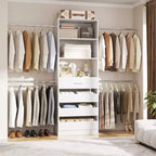 Besiost Holz-Kleiderschrank-Organizersystem für 1,2–2,7 m mit 4 Schubladen, 4 Kleiderstangen und Regaltürmen