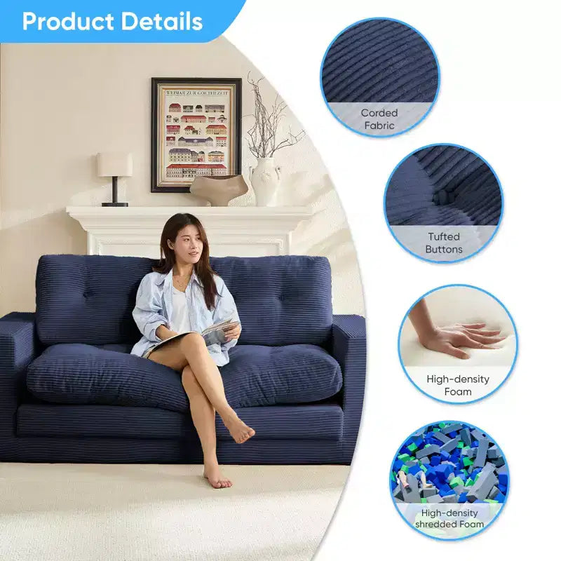 Mjkone 71' 2-in-1 slaapbank, opvouwbare loveseat met geribde stof en knopen, ruimtebesparend