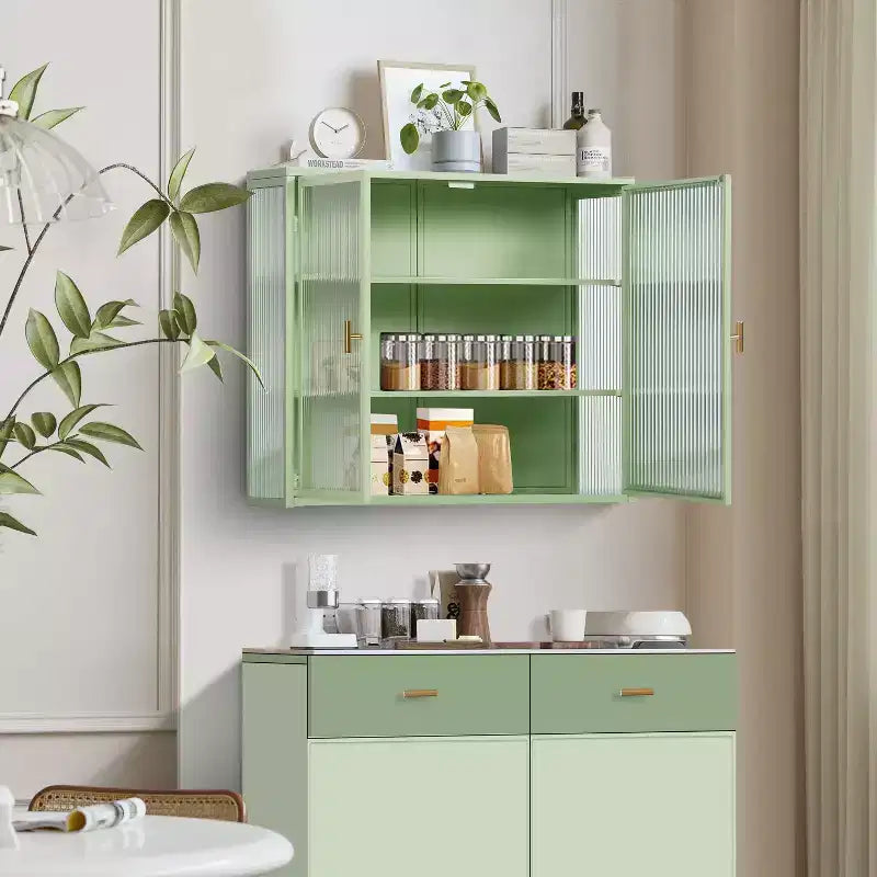 Moderner 2-türiger Wandschrank von Okak mit 3-stufigem Stauraum und Glastüren für Eingangsbereich, Esszimmer, Wohnzimmer oder Küche