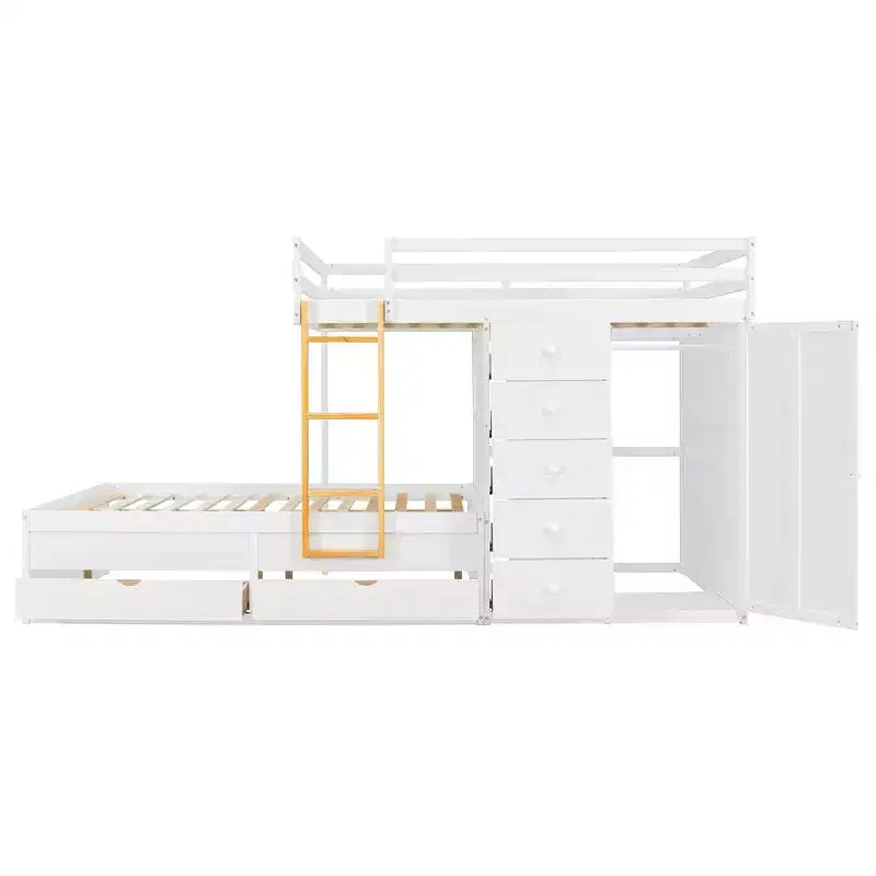 Lit superposé deux places sur deux places avec armoire de rangement et tiroirs, lit superposé en bois deux places gain de place avec barrière de sécurité pour appartement et chambre