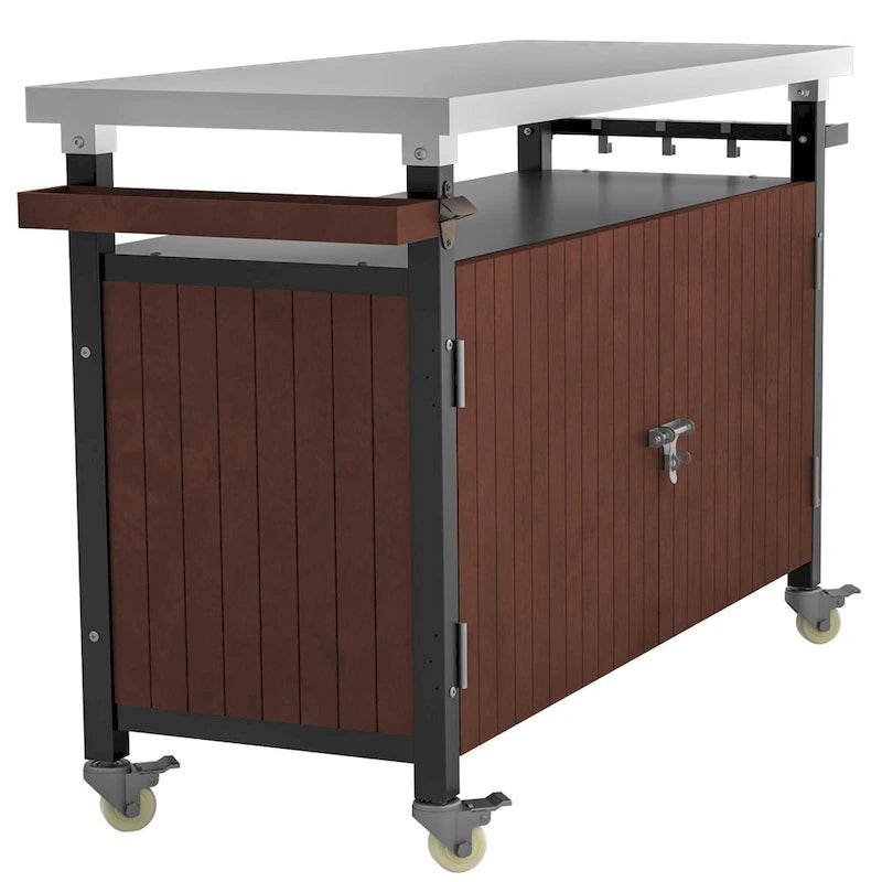 Grillwagen für den Außenbereich mit Tischplatte aus Edelstahl (Hocker nicht enthalten)