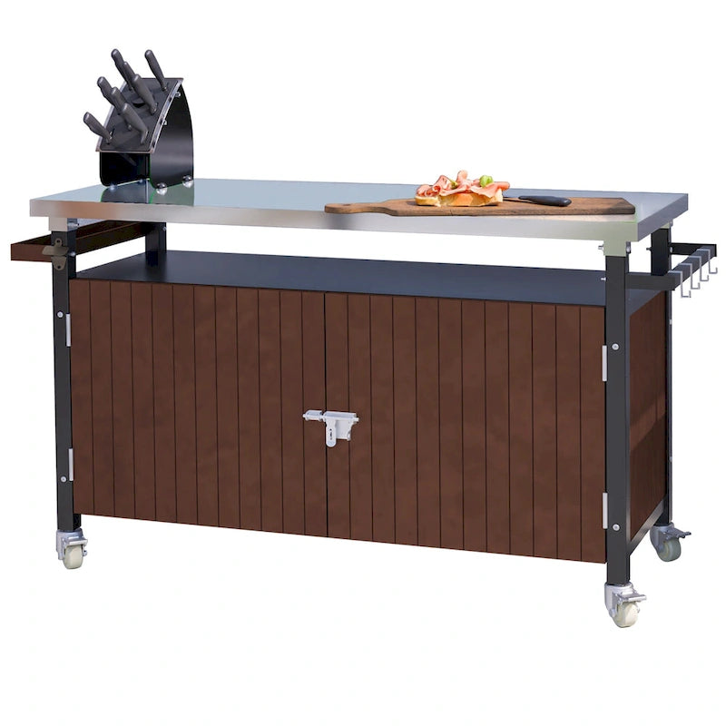 Grillwagen für den Außenbereich mit Tischplatte aus Edelstahl (Hocker nicht enthalten)