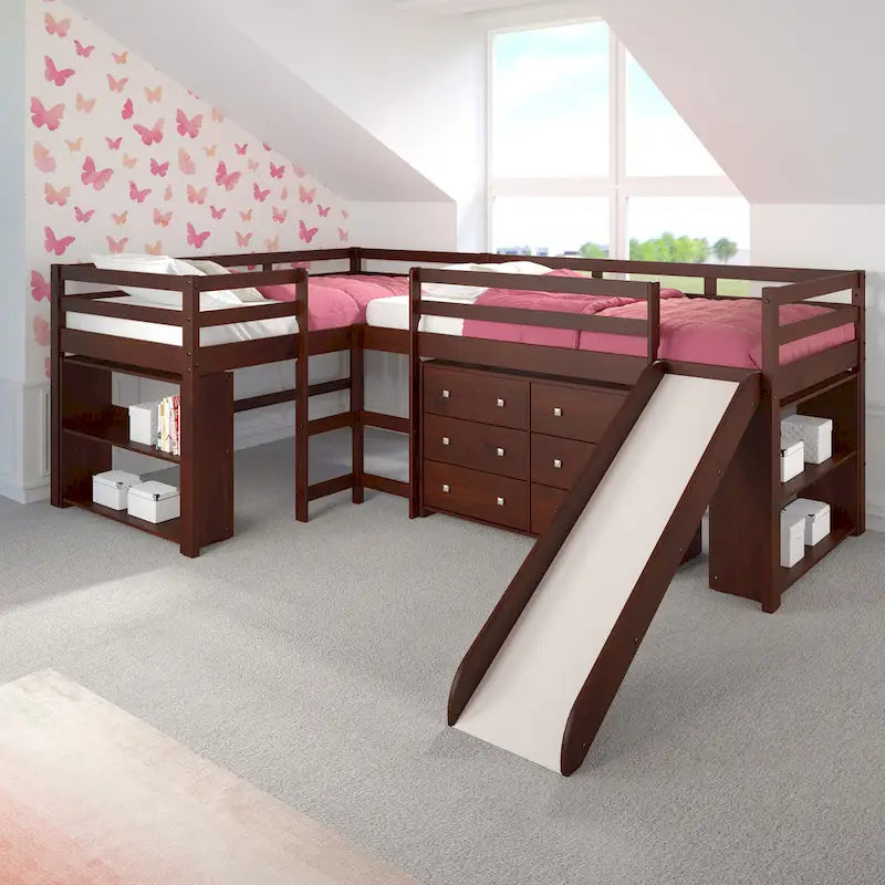Double Twin L-Shaped Slide Loft Bedroom Set in Dark Cappuccino