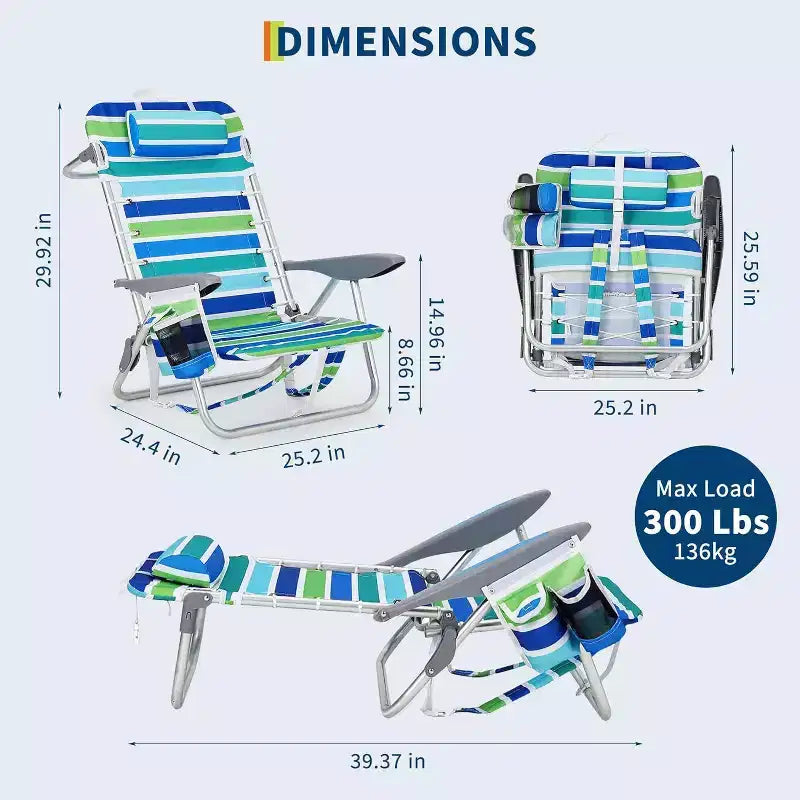 Acekool 2er-Set leichter Rucksack-Strandstühle, 5-fach verstellbare, flach zusammenklappbare Stühle für Erwachsene mit Trägern, Getränkehalter und Handtuchstange, belastbar bis 300 lbs