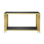 Console étroite à 2 niveaux avec structure en métal finition dorée et plateau en verre trempé