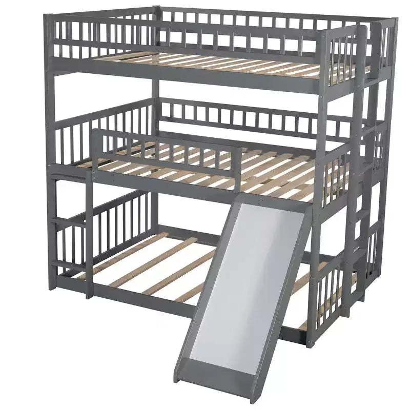 Dreistöckiges Etagenbett Full über Full mit umbaubarer Leiter und Rutsche, dreistöckiges Bett mit Sicherheitsgittern, Weiß/Grau/Espresso – ModernLuxe