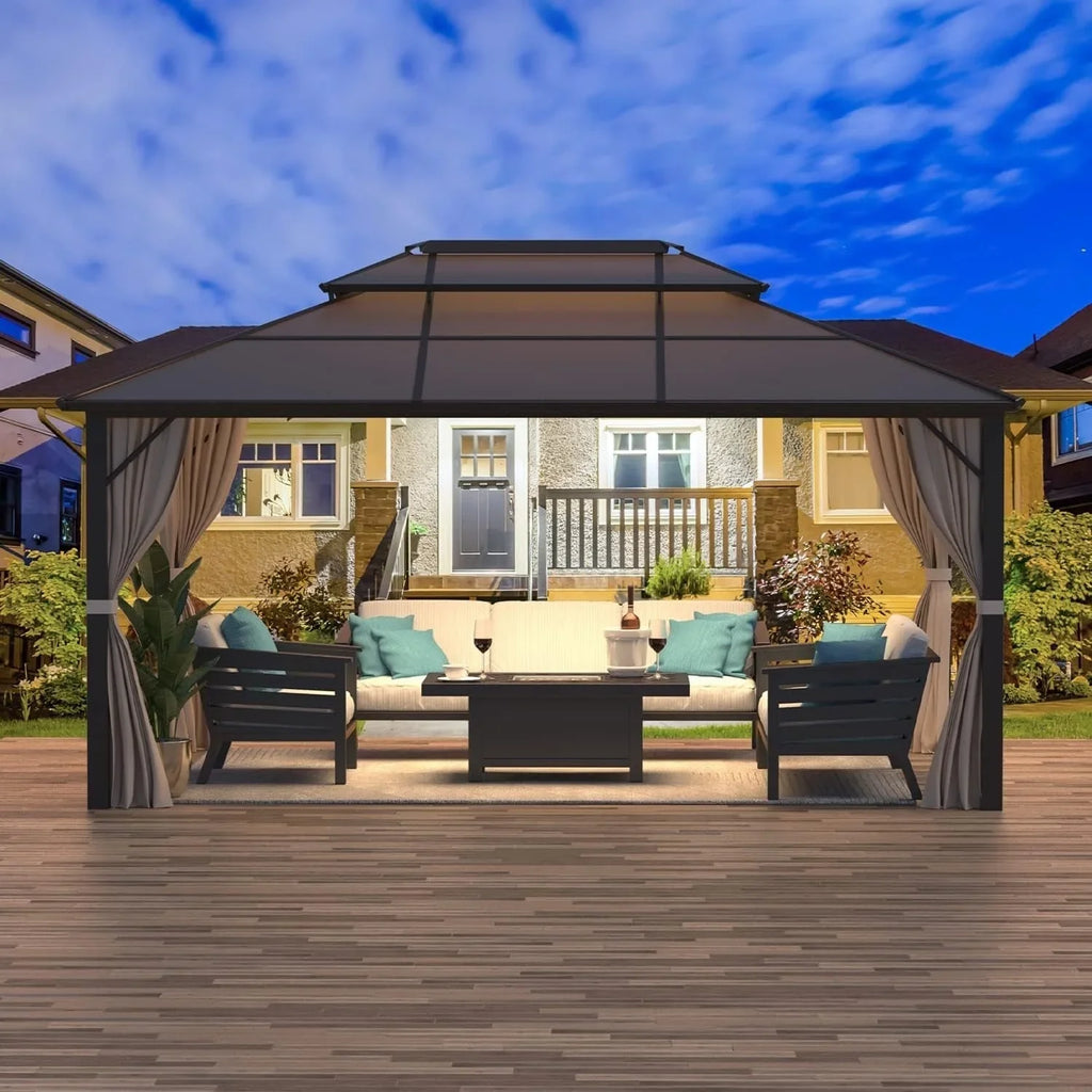 EROMMY Pavillon mit festem Dach, Outdoor-Pergola mit Doppeldach, Netzvorhängen und Vorhängen, robustes Vordach für Terrasse, Garten und Poolpartys