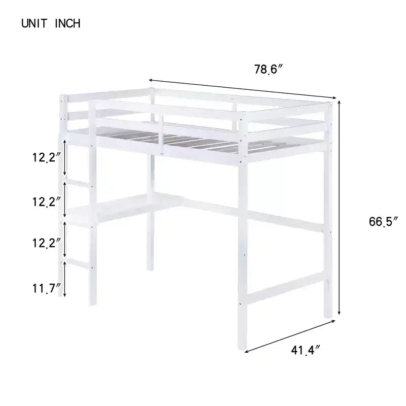 Okak Hochbett im minimalistischen Loft-Stil mit Leiter, Hochbett aus Gummibaumholz für eine Person mit Sicherheitsgeländer und integriertem Schreibtisch, Bettgestell für Kinder und Jugendliche